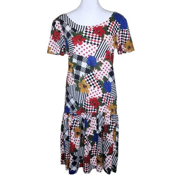 Vintage 90s Does 70s Drop Waist Dress Womens Size M White Multi Patchwork Floral - Picture 1 of 3
